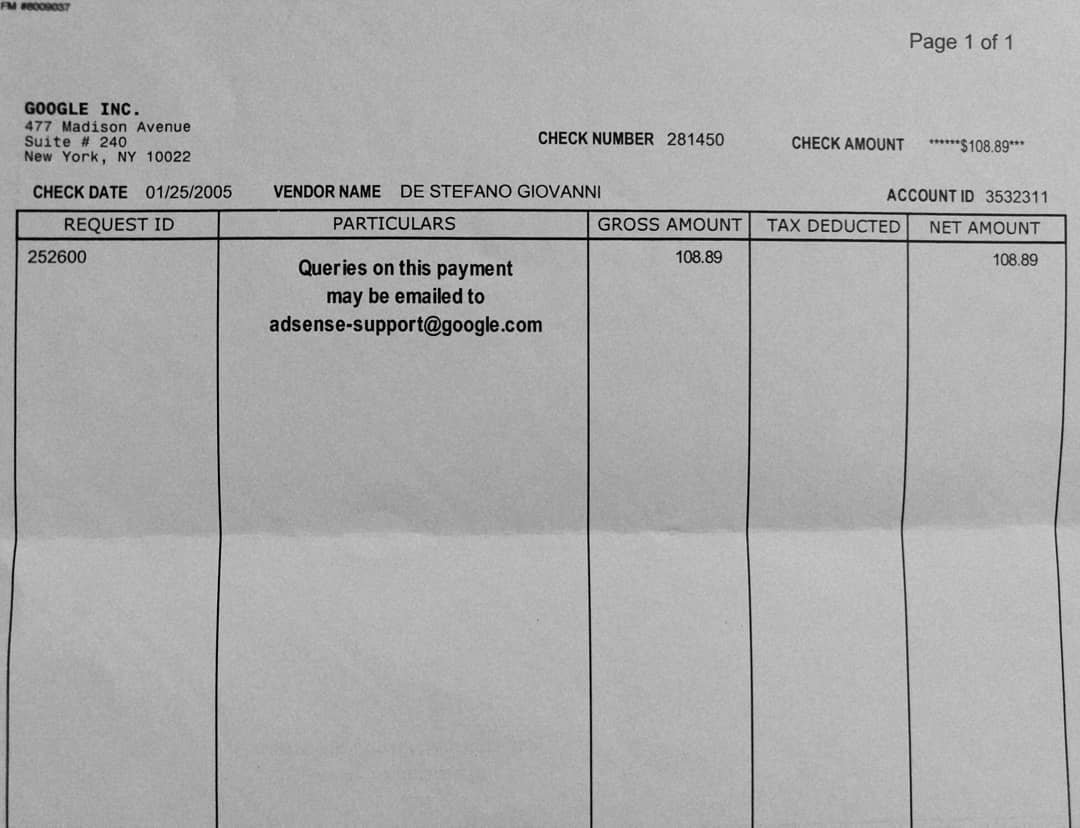 Primo assegno Google AdSense 2005 — De Stefano Giovanni $108.89