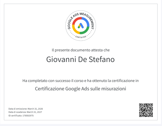 Certificazione Google Ads sulle misurazioni — Giovanni De Stefano