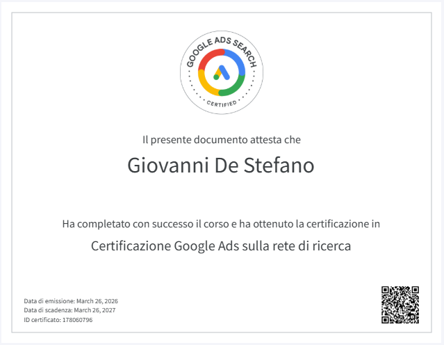 Certificazione Google Ads sulla rete di ricerca — Giovanni De Stefano